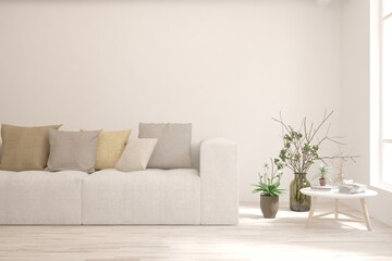 Soft color living room with sofa. Scandinavian interior design. 3D illustration