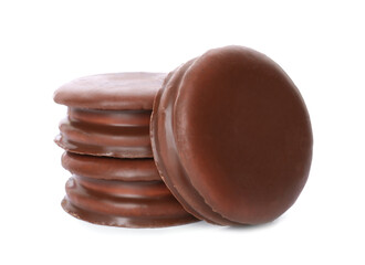 Delicious choco pies on white background. Classic snack cakes