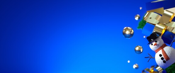 3d render,  blue background with Christmas ornaments and gifts. Abstract winter holiday horizontal banner