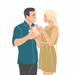 Fototapeta premium A man gives a gift to a woman. Flat vector illustration.