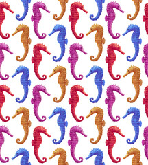 Seamless pattern with seahorses. Sea life background. Hand-drawn illustration, colored