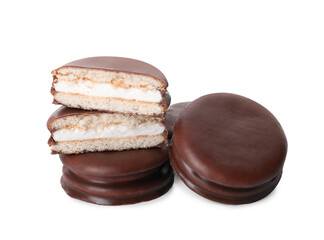 Delicious choco pies on white background. Classic snack cakes