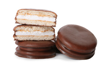 Delicious choco pies on white background. Classic snack cakes