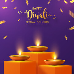 Diwali, Deepavali or Dipavali the festival of lights india with gold diya patterned and crystals on paper color Background.

