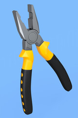 Yellow hand tool pliers for repair and installation on blue background