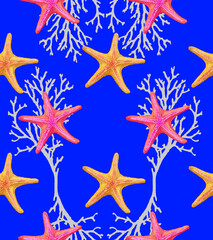 Seamless pattern with starfish and corals. Sea life background. Hand-drawn illustration, colored