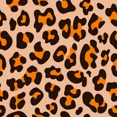 Fototapeta na wymiar Leopard spots pattern design - Autumn leaves color, funny drawing seamless leopard pattern. Lettering poster or t-shirt textile graphic design. wallpaper, wrapping paper. Happy Fall!