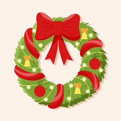 Christmas wreath on a light background with bells, balls and a luminous gerland. Flat cartoon style vector illustration.	
