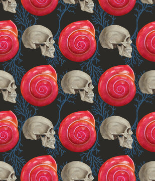 Seamless pattern with skulls, colars and seashells. Background. Hand-drawn illustration, colored