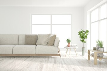 Soft color living room with sofa. Scandinavian interior design. 3D illustration