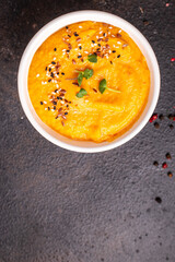 pumpkin soup puree fresh meal snack on the table copy space food background keto or paleo diet veggie vegan or vegetarian food no meat