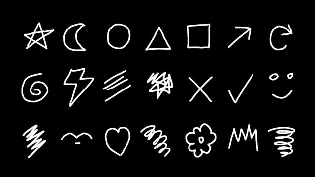 Set of hand drawn white doodle sketch on a black background. Looped motion graphics.Doodle loop animation.