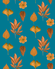 Fototapeta premium Seamless pattern with leaves. Forest background. Hand-drawn illustration, colored