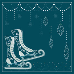 Christmas card with skates and garlands of Christmas toysПечать