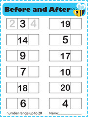 A math number worksheet illustration. Before and after numbers. Animal cards.