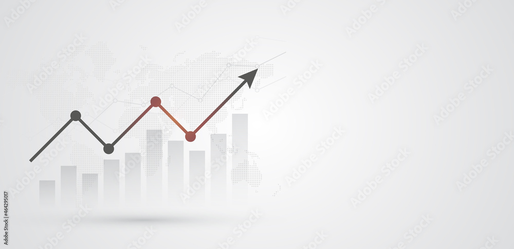 Wall mural financial chart with moving up arrow graph and world map on black and white color background