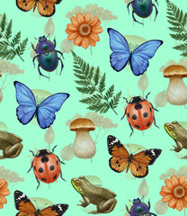 Seamless pattern with leaves, ladybug, mushrooms and butterflies. Forest background. Hand-drawn illustration, colored
