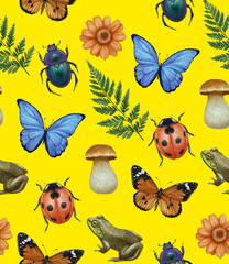 Seamless pattern with leaves, ladybug, mushrooms and butterflies. Forest background. Hand-drawn illustration, colored