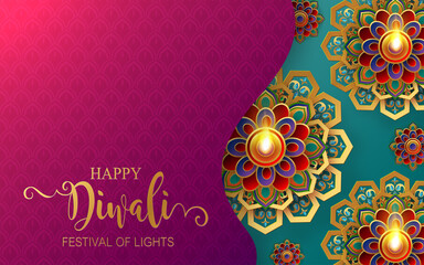Diwali, Deepavali or Dipavali the festival of lights india with gold diya patterned and crystals on paper color Background.  © Siam Vector