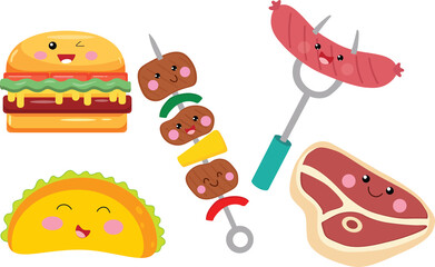 Happy smiling funny cute burger and soda friends. Vector flat cartoon character illustration icon design. Isolated on white background. Burger,fast food cafe, junk food concept