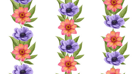 Seamless pattern with flowers. Forest background. Hand-drawn illustration, colored