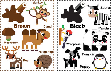 Brown. Black. Learn the color. Education set. Illustration of primary colors. Animal color illustration