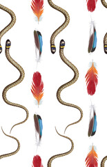 Seamless pattern with feathers and snake. Hand-drawn illustration, colored