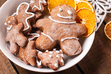 gingerbread man christmas cookie sweet dessert new year homemade pastries biscuit food background copy space 