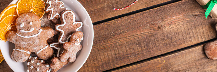 gingerbread man christmas cookie sweet dessert new year homemade pastries biscuit food background copy space 