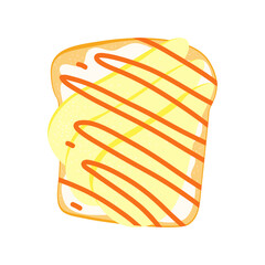Flat vector cartoon illustration of bread sandwich with cream cheese, pear and caramel. Delicious and breakfast or snack. Isolated design on a white background.