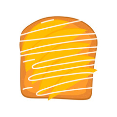 Flat vector cartoon illustration of a bread sandwich with peanut paste, mango and vanilla sauce. Delicious breakfast or snack. Isolated design on a white background.