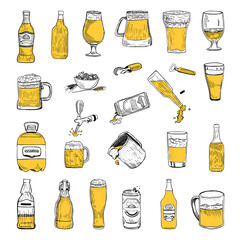 Collection of beer in sketch style. Hand drawings in art ink style. Black and white graphics.