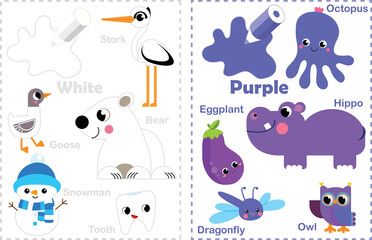 White. Purple. Learn the color. Education set. Illustration of primary colors. Animal color illustration