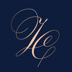 JC monogram logo.Calligraphic signature icon.Letter j and letter c.Lettering sign isolated on dark fund.Wedding, fashion, beauty alphabet initials.Elegant, luxury handwritten style.