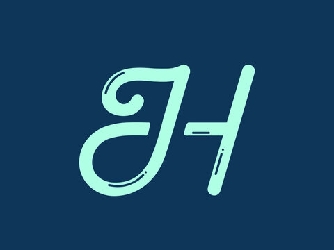 JH monogram logo.Calligraphic signature icon.Letter j and letter h.Lettering sign isolated on dark fund.Alphabet initials.Elegant handwritten style. Neon color.