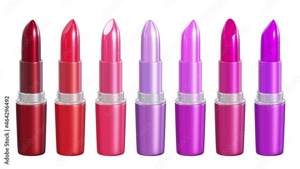 Poster realistic seamless looping 3d animation of the pink and red colors spinning shiny lipsticks set rend