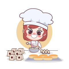 Happy cute girl chef baking Egg Cake cartoon art illustration.