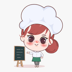 Happy cute girl chef presenting menu blackboard cartoon art illustration.