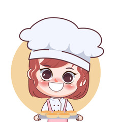 Happy cute girl chef baking Egg Cake cartoon art illustration.