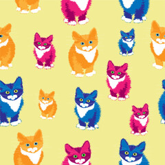 Obraz premium Three color kittens seamless pattern on soft pastel background