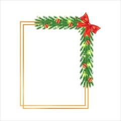 Christmas frame with red-golden decoration balls, pine branch. Xmas frame with red ribbon. Realistic golden square photo frame with star lights, snowflakes, decoration ball, and red ribbon.
