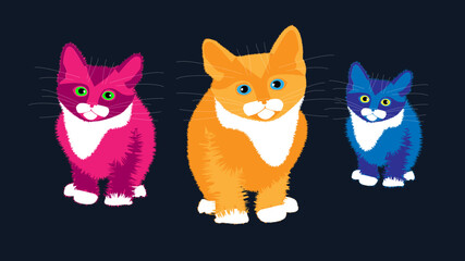 Three colorful kittens cartoon on dark blue background