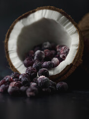 coconut with frozen blueberry inside on the dark background