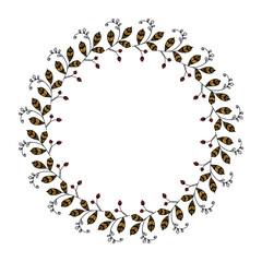 Vector hand drawn spring wreath isolated on white background. Silhouette circle of leaves. Doodle style. Floral frame.
