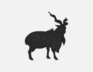 Vector Mountain Goat's silhouette with Texture for a logo, emblem, badge, label, template, design element. Bighorns. 