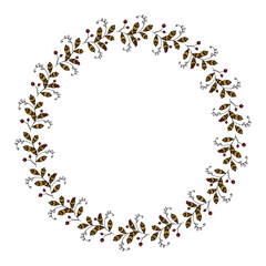 Vector hand drawn spring wreath isolated on white background. Silhouette circle of leaves. Doodle style. Floral frame.
