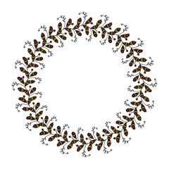 Vector hand drawn spring wreath isolated on white background. Silhouette circle of leaves. Doodle style. Floral frame.
