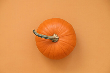 Close up shot of a single classic orange pumpkin isolated on bright background as a symbol of autumnal holidays with a lot of copy space for text. Top view.