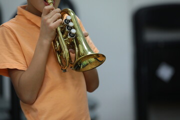 Portrait of a boy with a golden trumpet in his hands playing a musical instrument view of a young...
