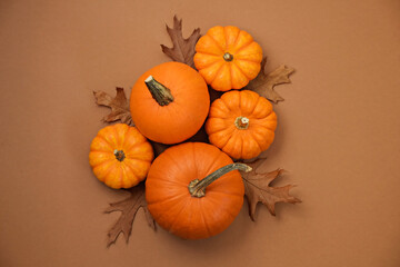 Close up shot of a classic orange and baby boo pumpkins isolated on paper textured background as a symbol of autumnal holidays with a lot of copy space for text